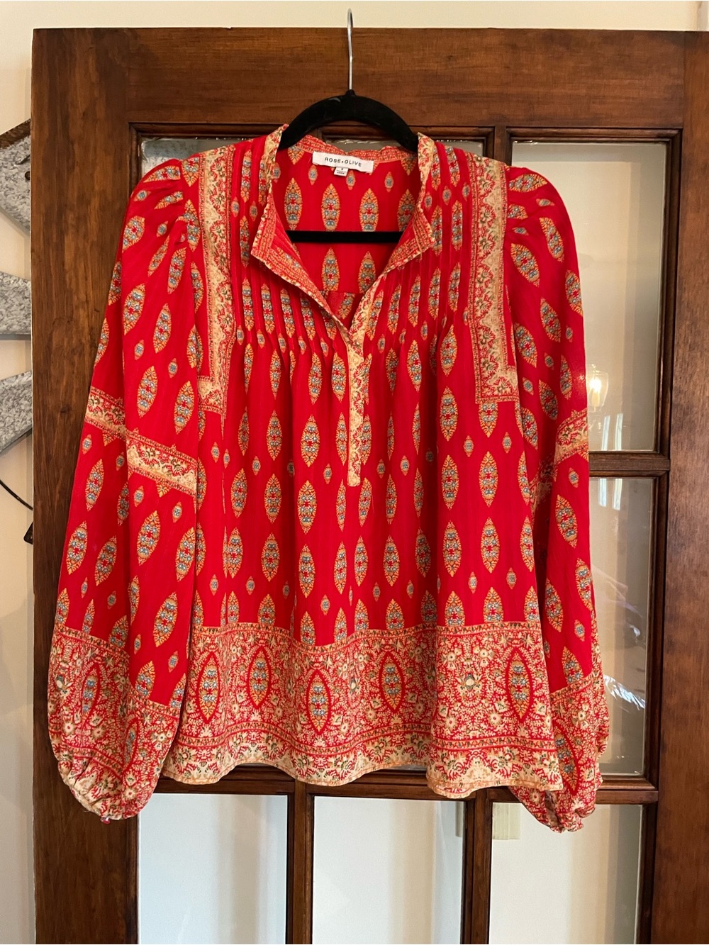 Rose & Olive Red Printed Long-Sleeve Peasant Blouse